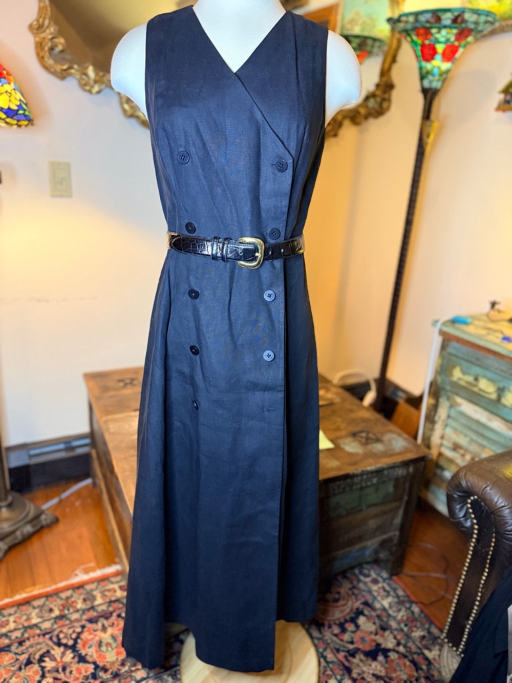 Vintage LinenClassic Black Double-Breasted Sleeveless Midi Dress